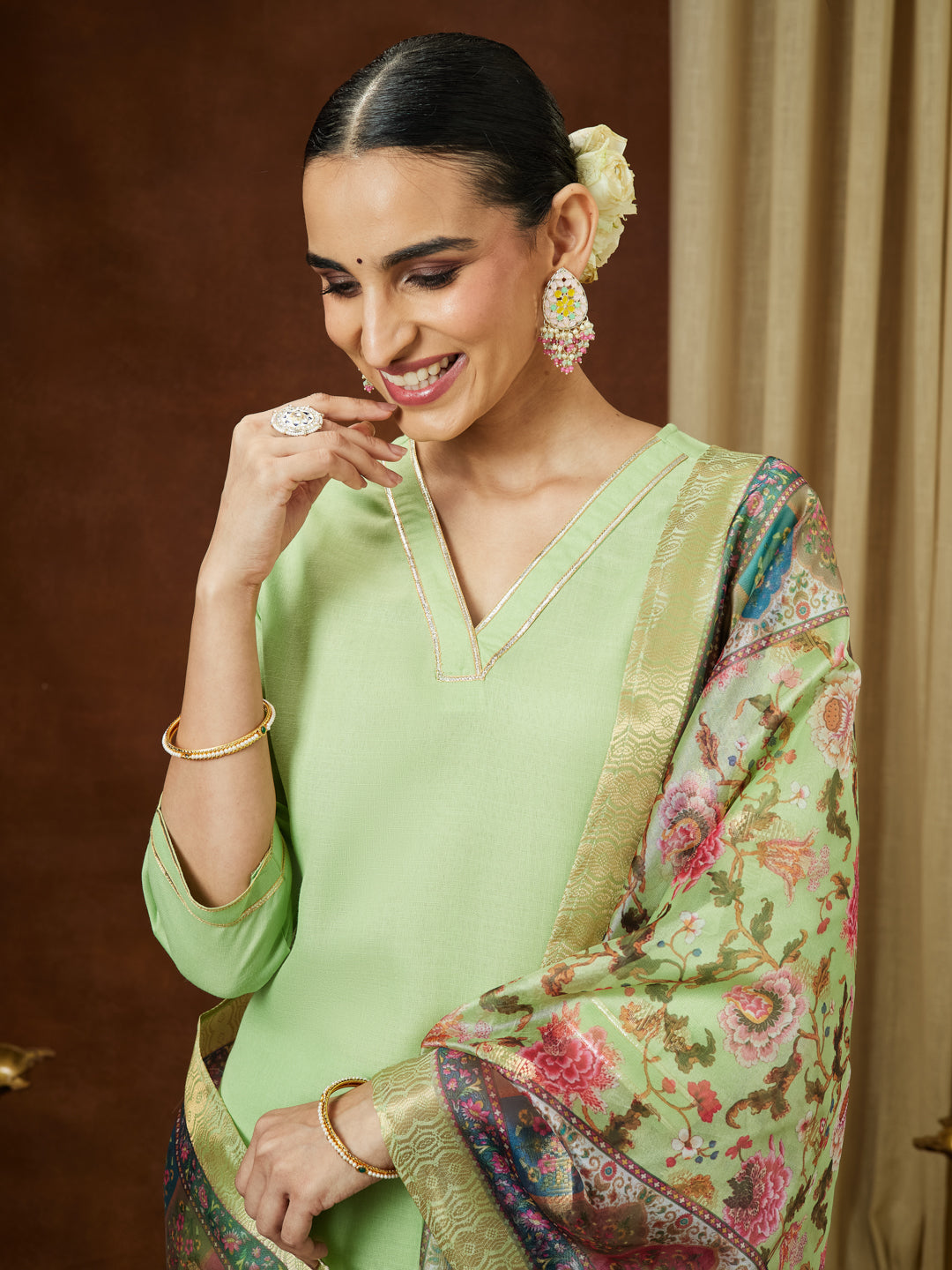 Janasya Women's Mint Green Cotton Blend Yoke Design Straight Kurta Set With Printed Jacquard Dupatta