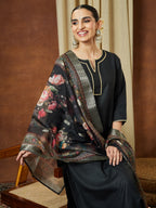 Janasya Women's Black Cotton Blend Yoke Design Straight Kurta Set