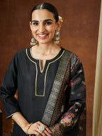 Janasya Women's Black Cotton Blend Yoke Design Straight Kurta Set