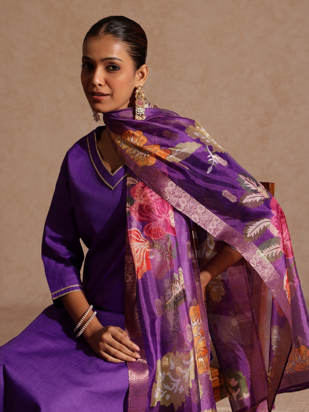 Janasya Women's Purple Cotton Blend Yoke Design Straight Kurta Set With Printed Jacquard Dupatta