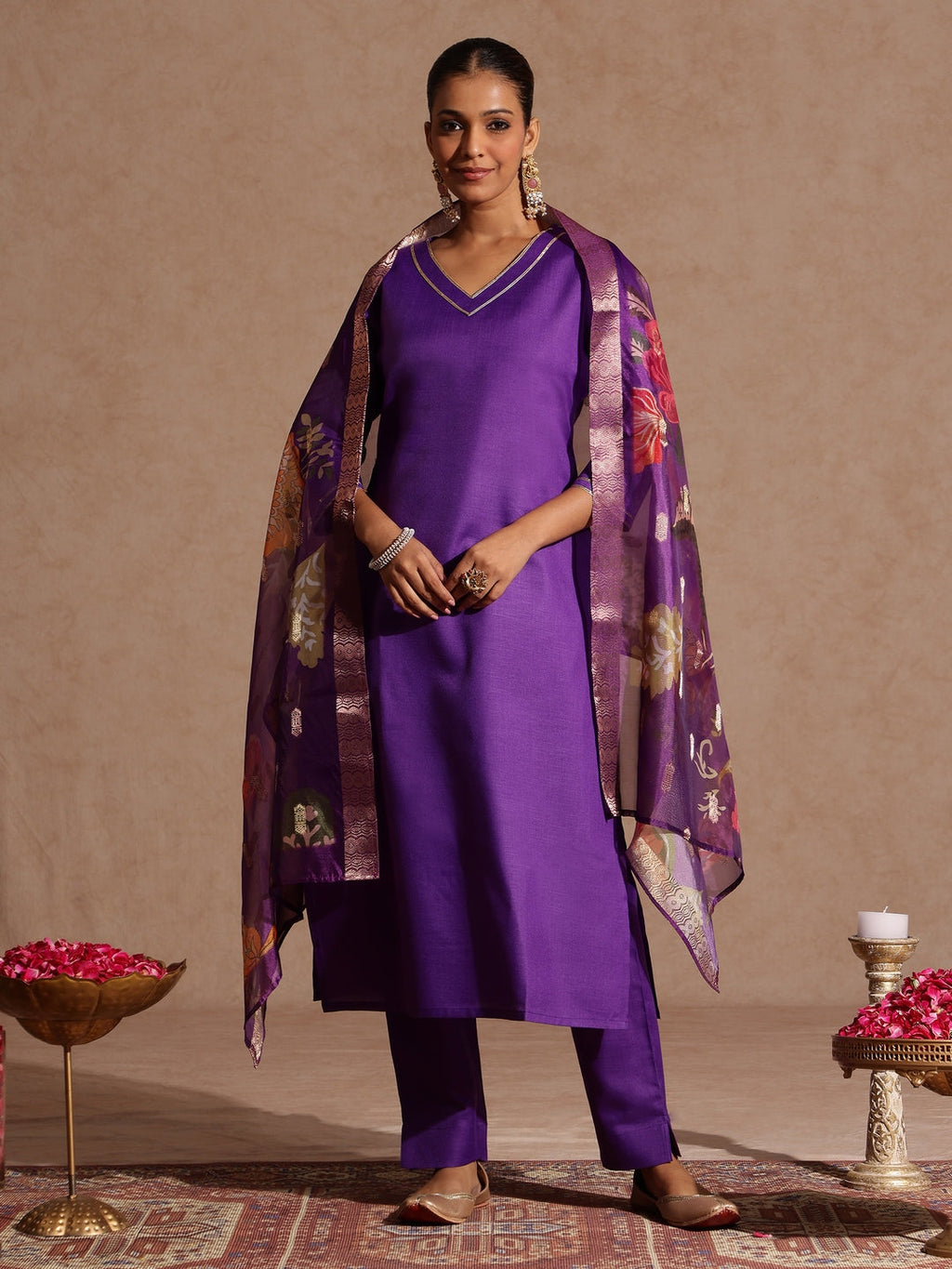 Janasya Women's Purple Cotton Blend Yoke Design Straight Kurta Set With Printed Jacquard Dupatta