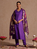 Janasya Women's Purple Cotton Blend Yoke Design Straight Kurta Set With Printed Jacquard Dupatta