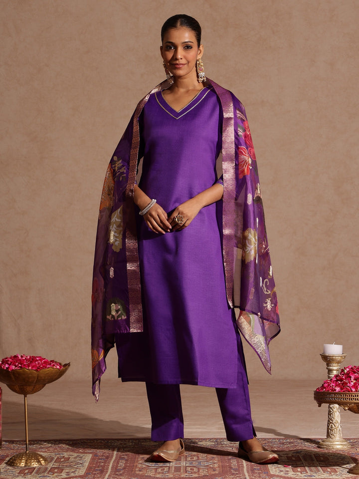Janasya Women's Purple Cotton Blend Yoke Design Straight Kurta Set With Printed Jacquard Dupatta - qivii