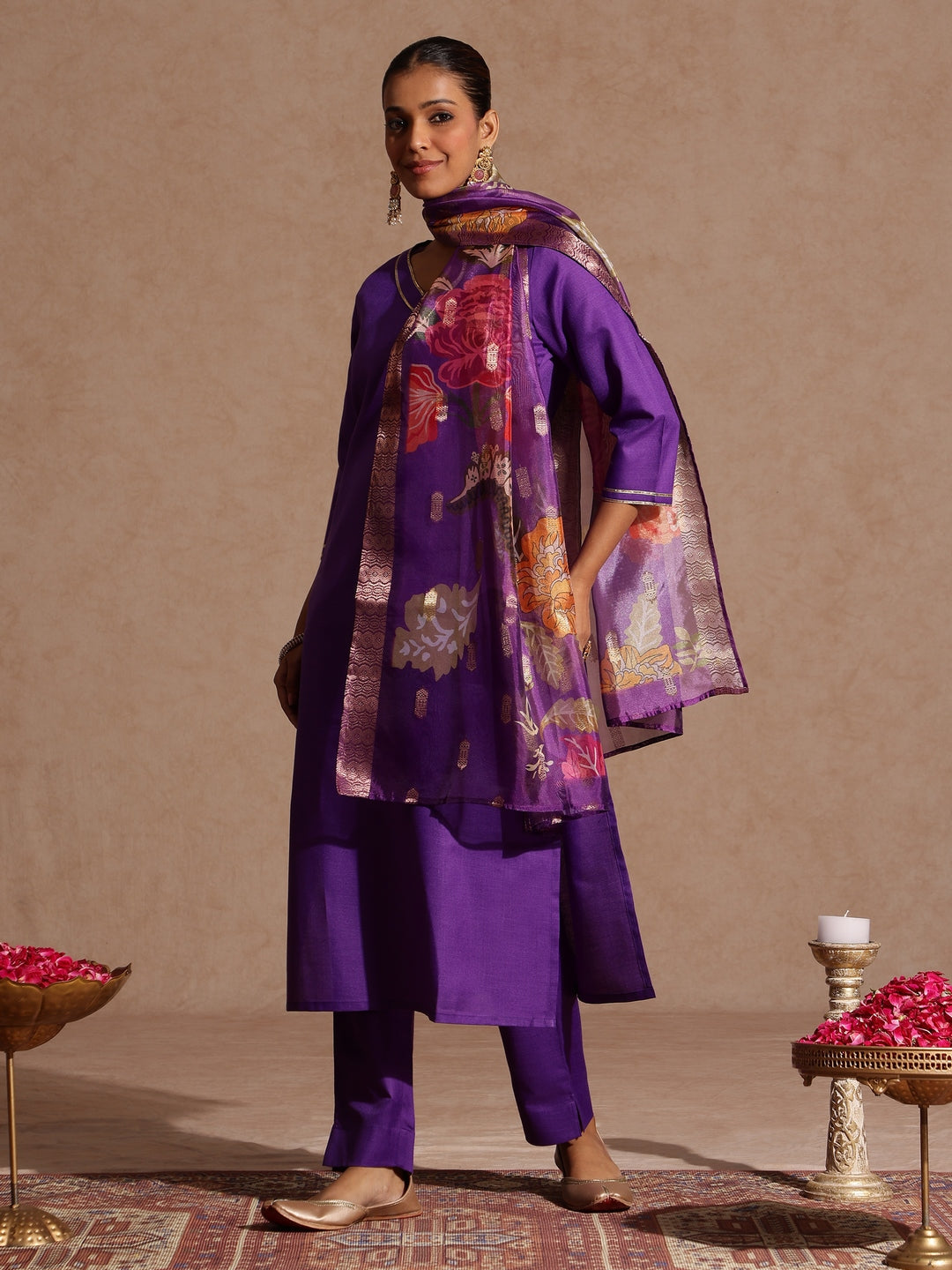 Janasya Women's Purple Cotton Blend Yoke Design Straight Kurta Set With Printed Jacquard Dupatta - qivii