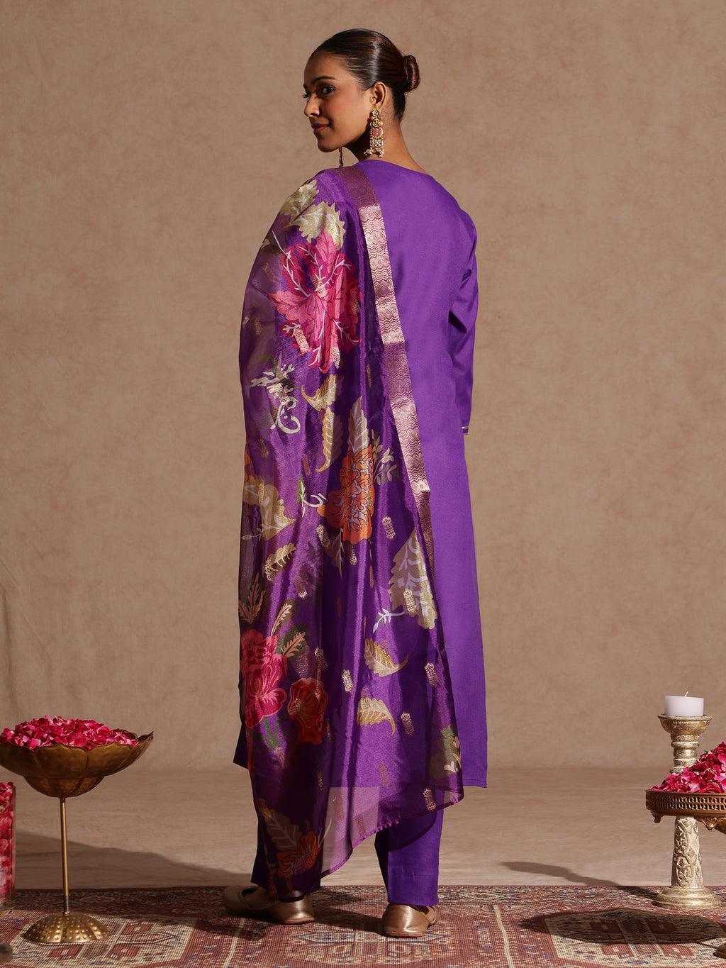 Janasya Women's Purple Cotton Blend Yoke Design Straight Kurta Set With Printed Jacquard Dupatta