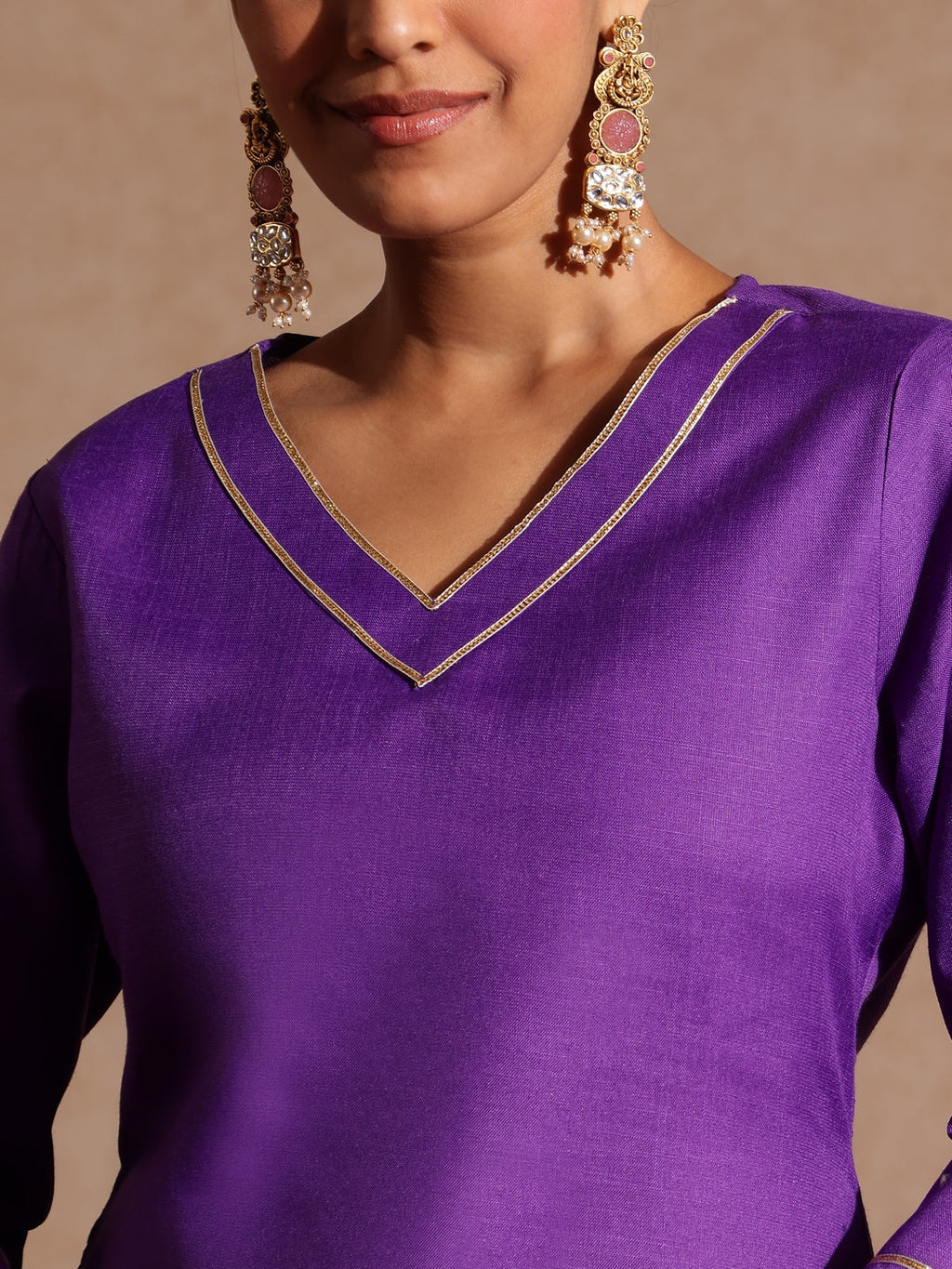 Janasya Women's Purple Cotton Blend Yoke Design Straight Kurta Set With Printed Jacquard Dupatta