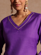 Janasya Women's Purple Cotton Blend Yoke Design Straight Kurta Set With Printed Jacquard Dupatta