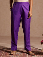 Janasya Women's Purple Cotton Blend Yoke Design Straight Kurta Set With Printed Jacquard Dupatta