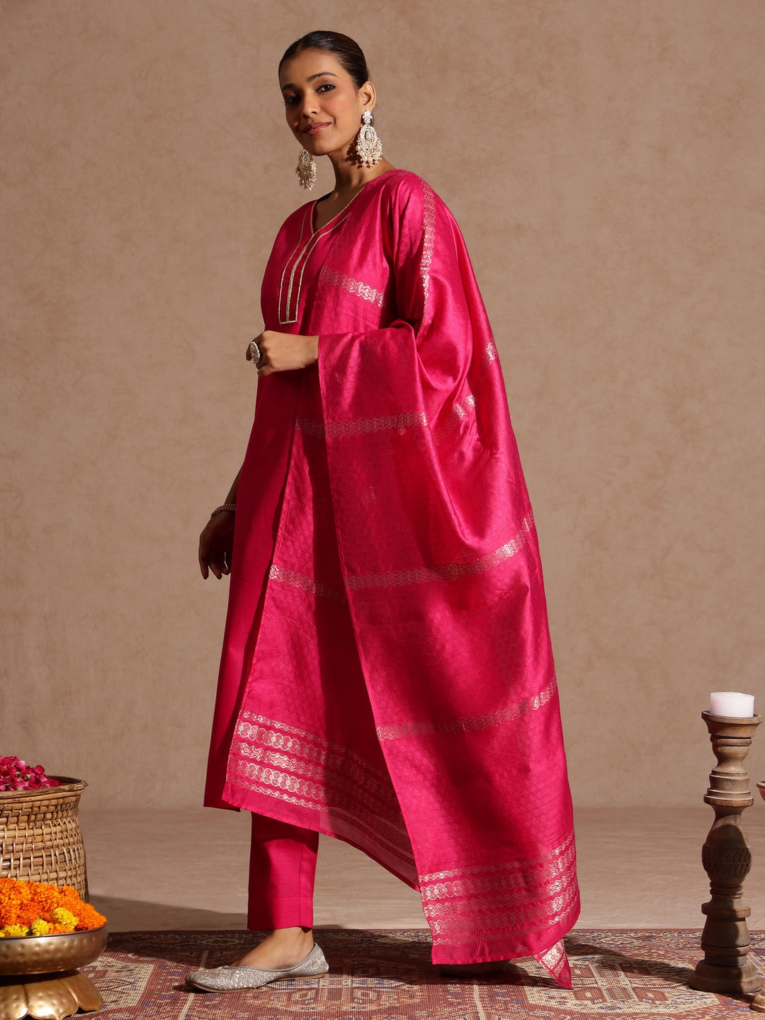 Janasya Women's Pink Cotton Blend Yoke Design Straight Kurta Set