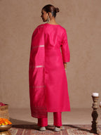 Janasya Women's Pink Cotton Blend Yoke Design Straight Kurta Set