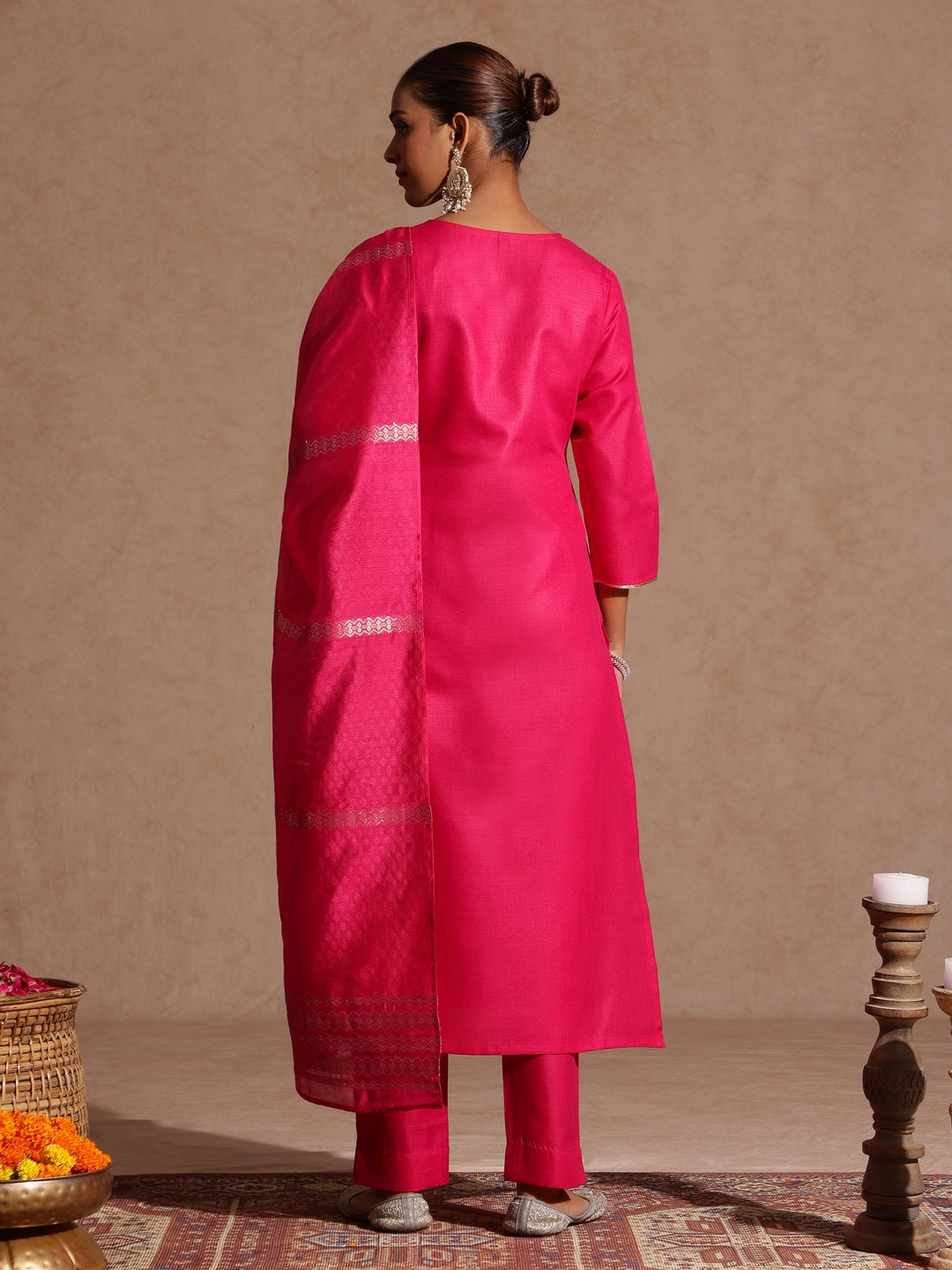 Janasya Women's Pink Cotton Blend Yoke Design Straight Kurta Set