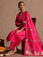 Janasya Women's Pink Cotton Blend Yoke Design Straight Kurta Set