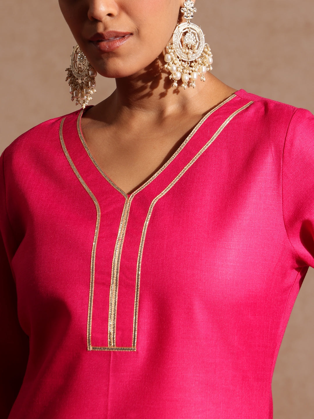 Janasya Women's Pink Cotton Blend Yoke Design Straight Kurta Set - qivii