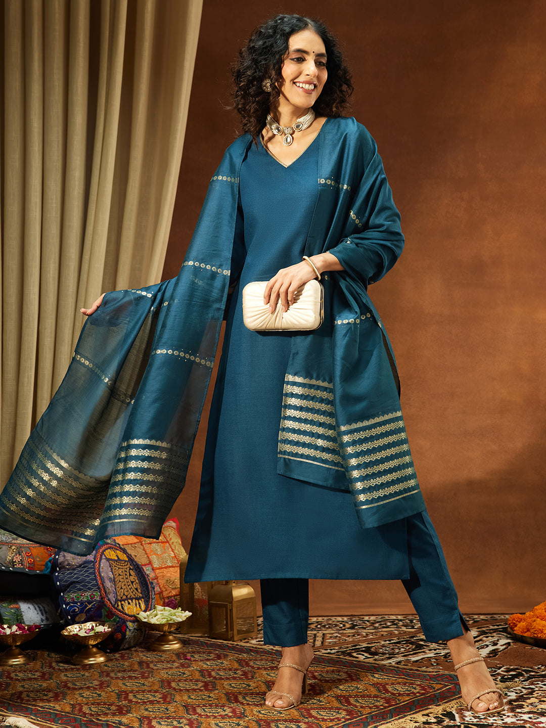 Janasya Women's Teal Blue Cotton Blend Yoke Design Straight Kurta Set