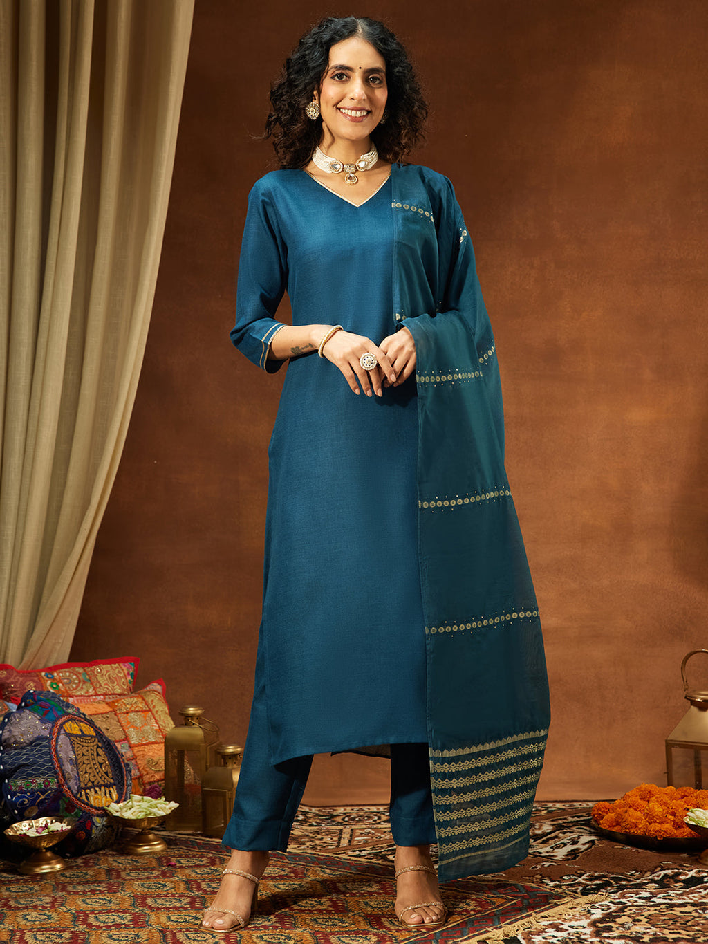Janasya Women's Teal Blue Cotton Blend Yoke Design Straight Kurta Set