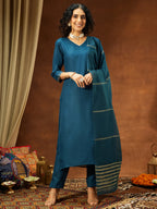 Janasya Women's Teal Blue Cotton Blend Yoke Design Straight Kurta Set
