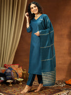 Janasya Women's Teal Blue Cotton Blend Yoke Design Straight Kurta Set