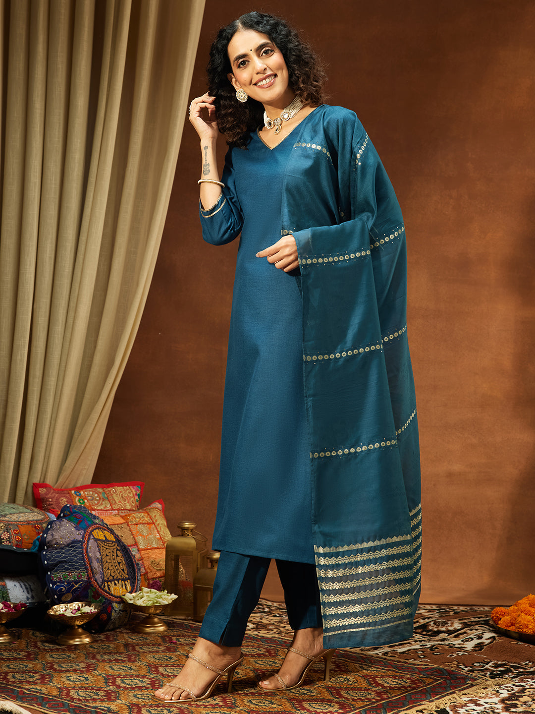 Janasya Women's Teal Blue Cotton Blend Yoke Design Straight Kurta Set