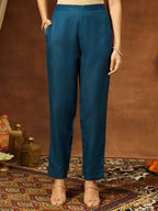 Janasya Women's Teal Blue Cotton Blend Yoke Design Straight Kurta Set