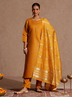 Janasya Women's Mustard Cotton Blend Yoke Design Straight Kurta Set