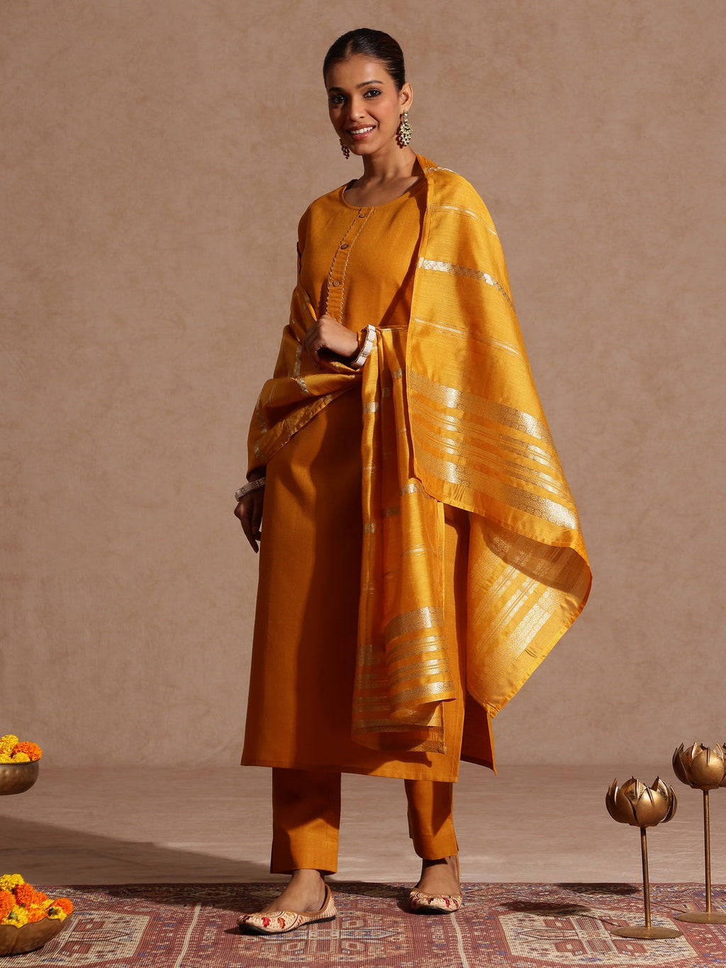 Janasya Women's Mustard Cotton Blend Yoke Design Straight Kurta Set