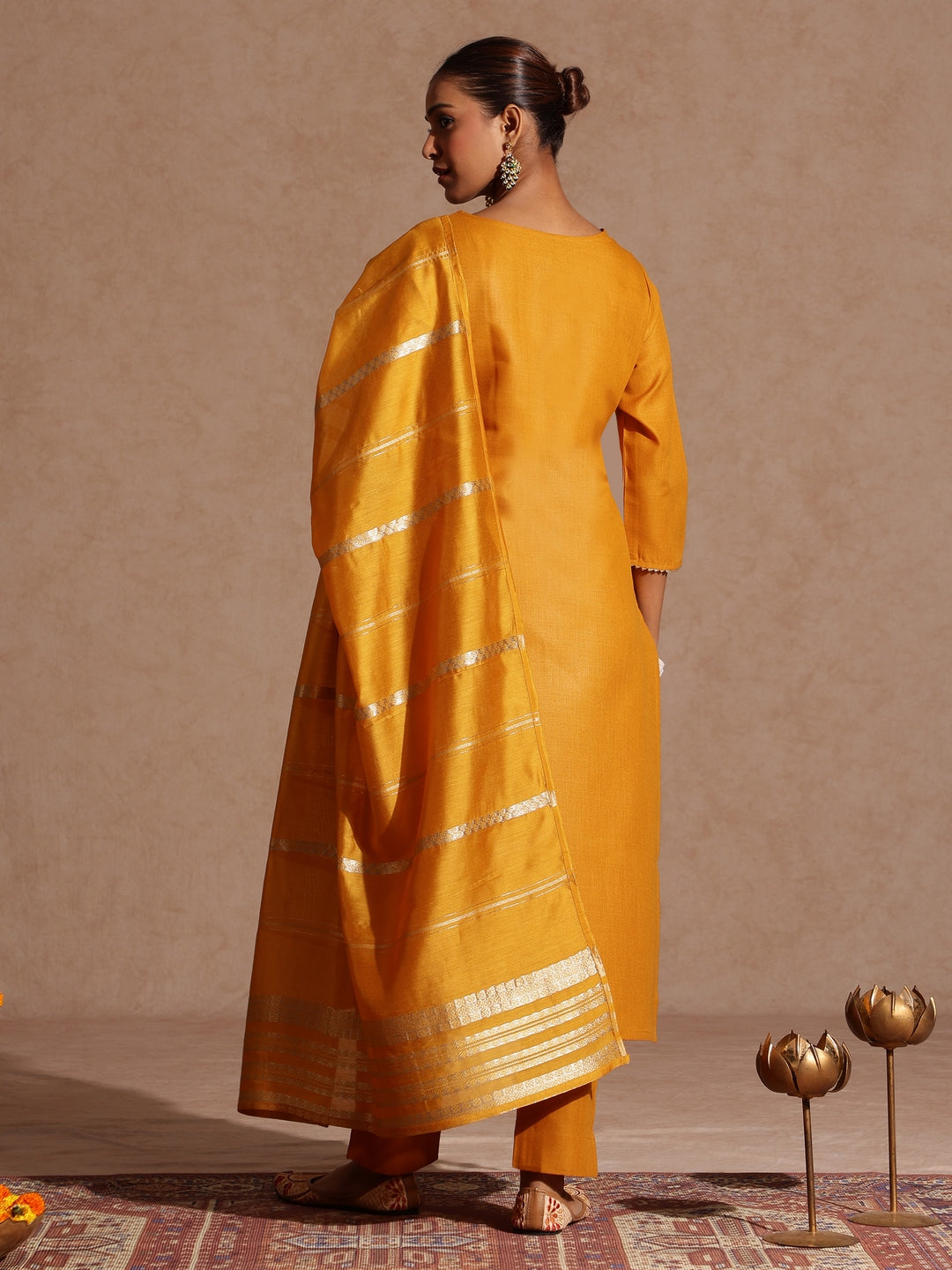 Janasya Women's Mustard Cotton Blend Yoke Design Straight Kurta Set - qivii