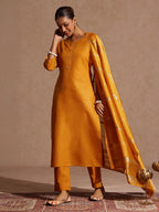 Janasya Women's Mustard Cotton Blend Yoke Design Straight Kurta Set