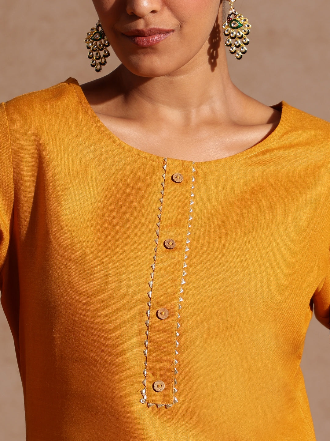 Janasya Women's Mustard Cotton Blend Yoke Design Straight Kurta Set - qivii