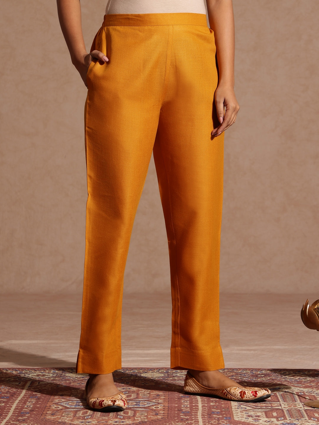 Janasya Women's Mustard Cotton Blend Yoke Design Straight Kurta Set - qivii