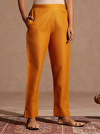 Janasya Women's Mustard Cotton Blend Yoke Design Straight Kurta Set