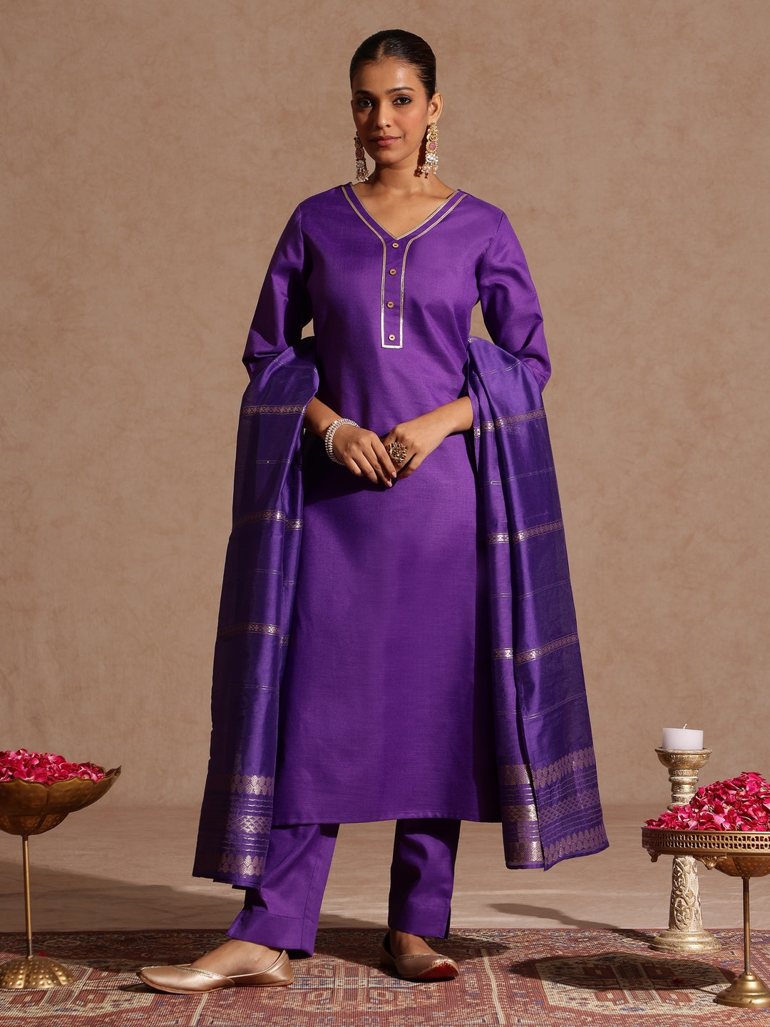 Janasya Women's Purple Cotton Blend Yoke Design Straight Kurta Set - qivii