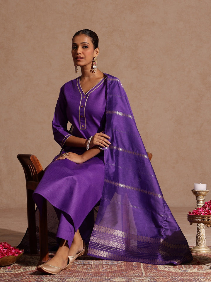 Janasya Women's Purple Cotton Blend Yoke Design Straight Kurta Set - qivii