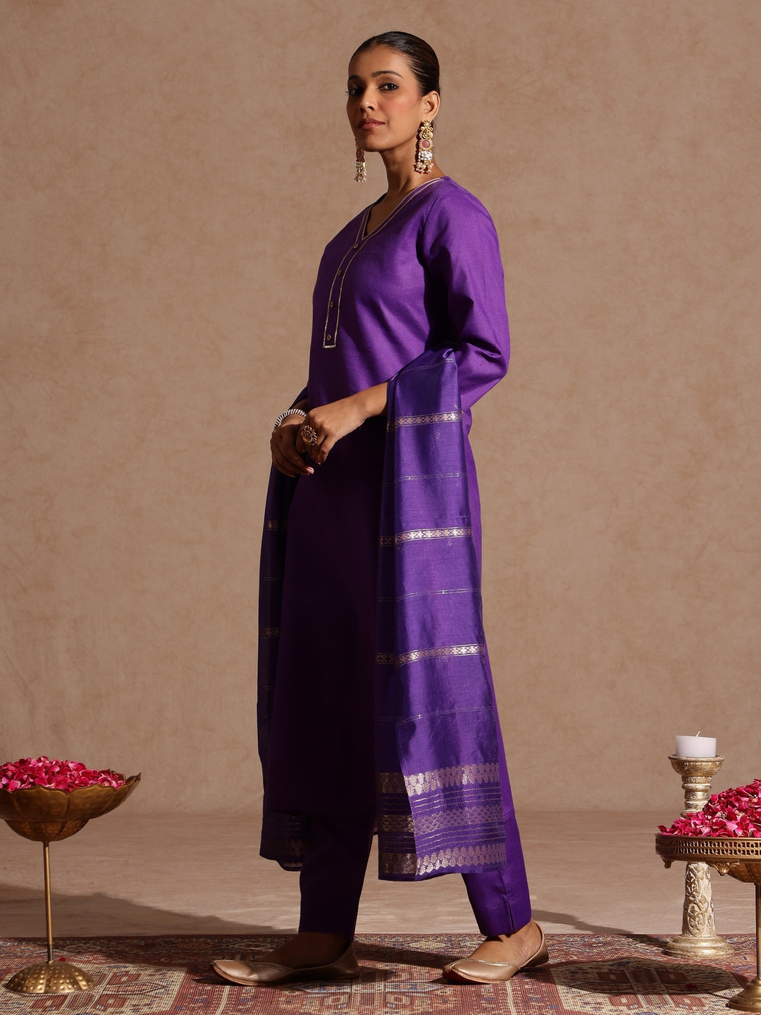 Janasya Women's Purple Cotton Blend Yoke Design Straight Kurta Set - qivii