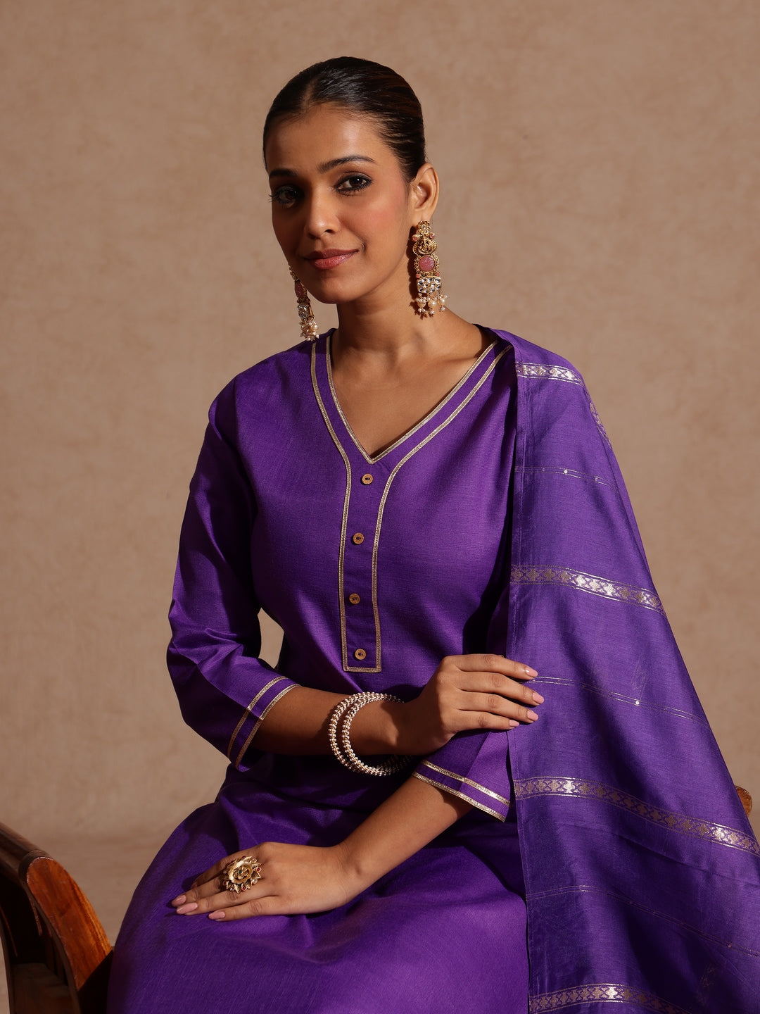 Janasya Women's Purple Cotton Blend Yoke Design Straight Kurta Set