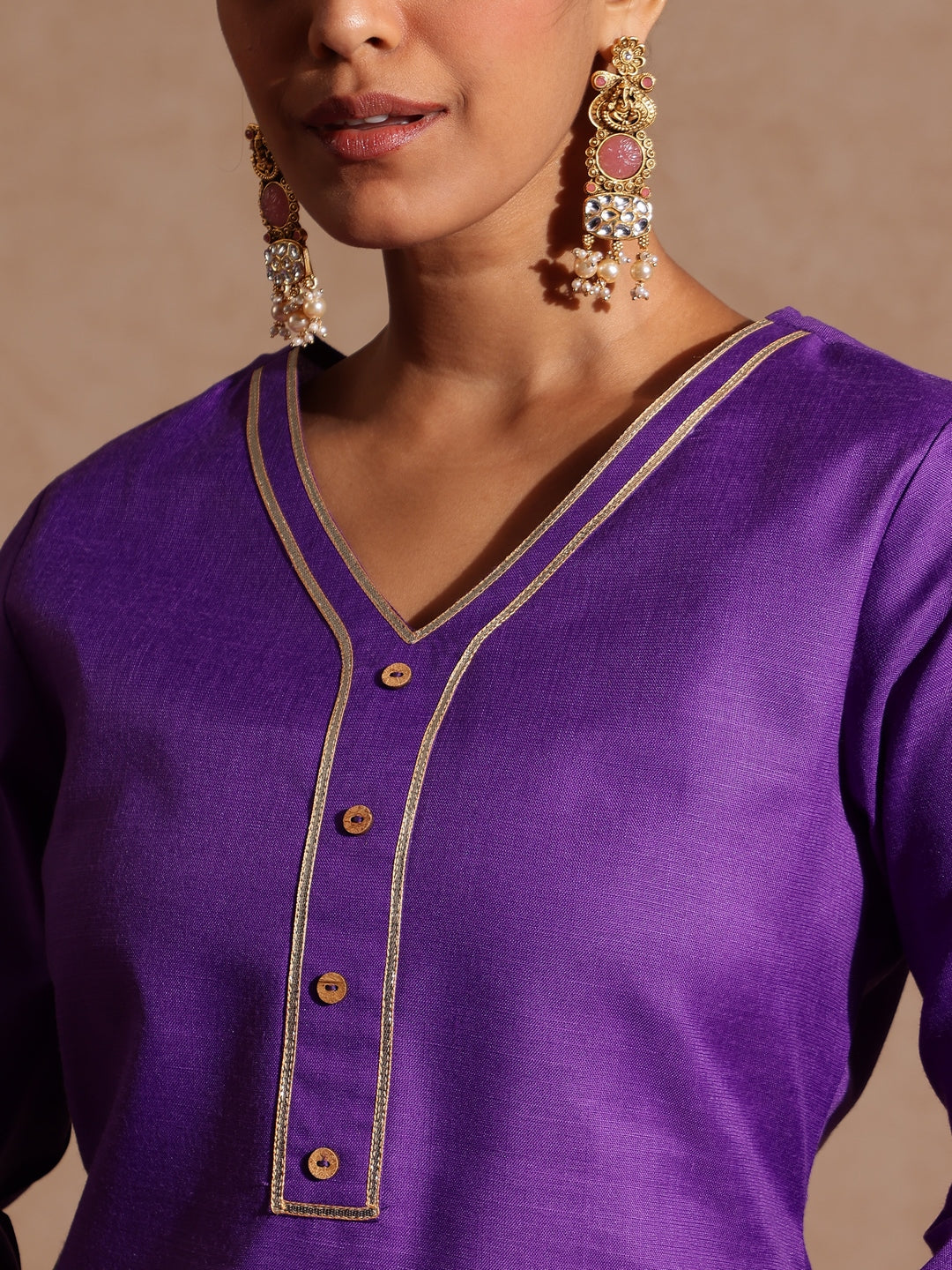 Janasya Women's Purple Cotton Blend Yoke Design Straight Kurta Set