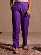 Janasya Women's Purple Cotton Blend Yoke Design Straight Kurta Set