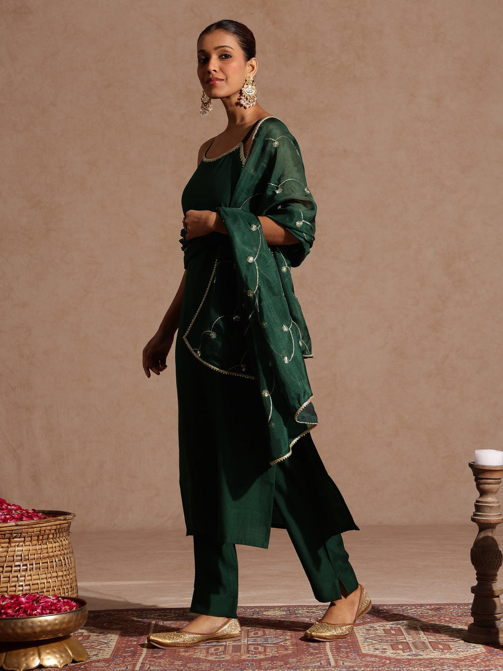 Janasya Women's Bottle Green Silk Blend Embellished Straight Kurta Set