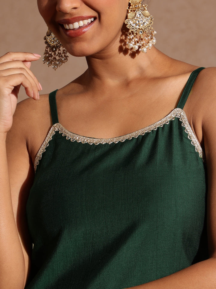 Janasya Women's Bottle Green Silk Blend Embellished Straight Kurta Set - qivii