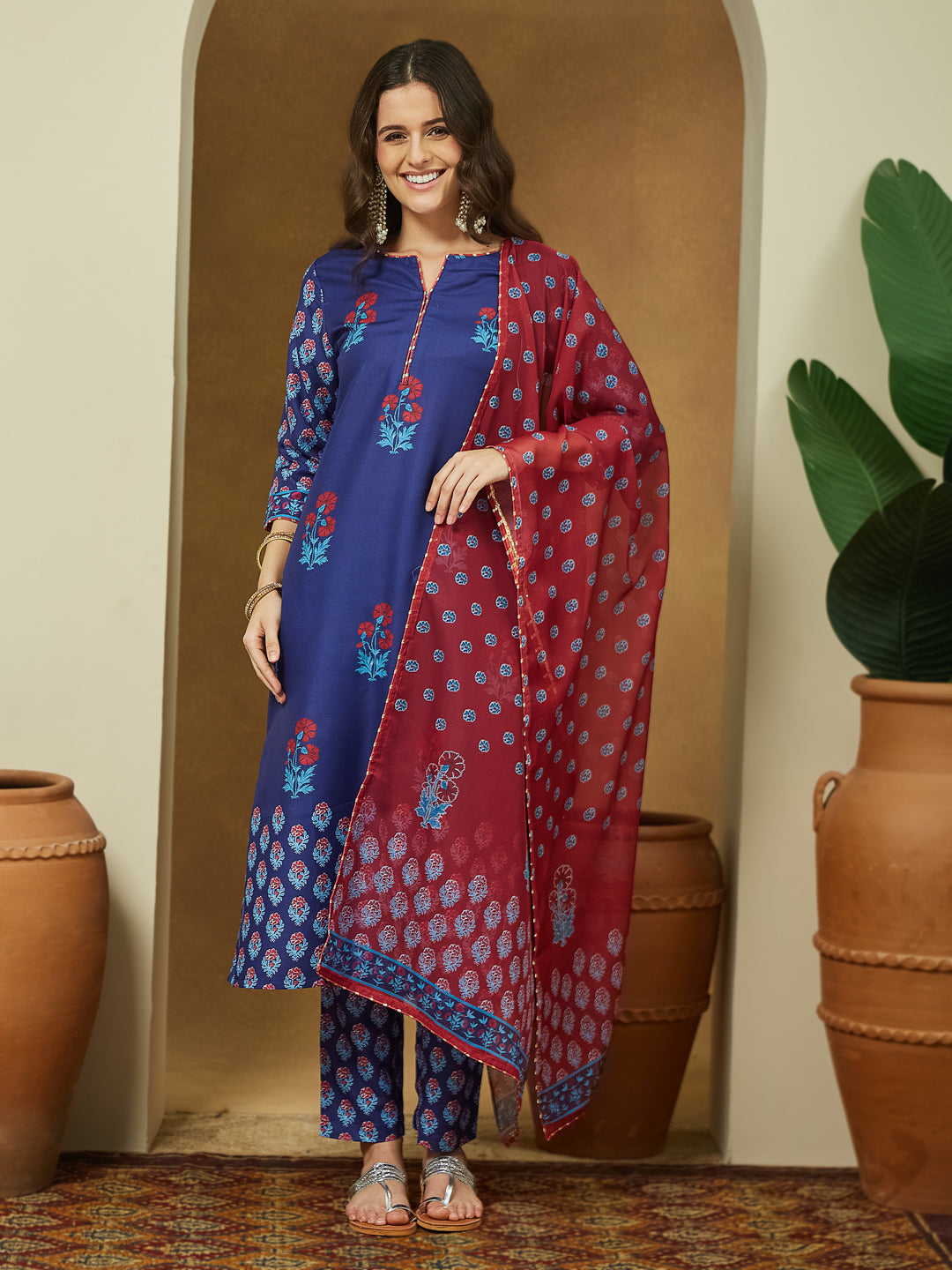 Janasya Women's Purple Cotton Blend Printed Straight Kurta Set