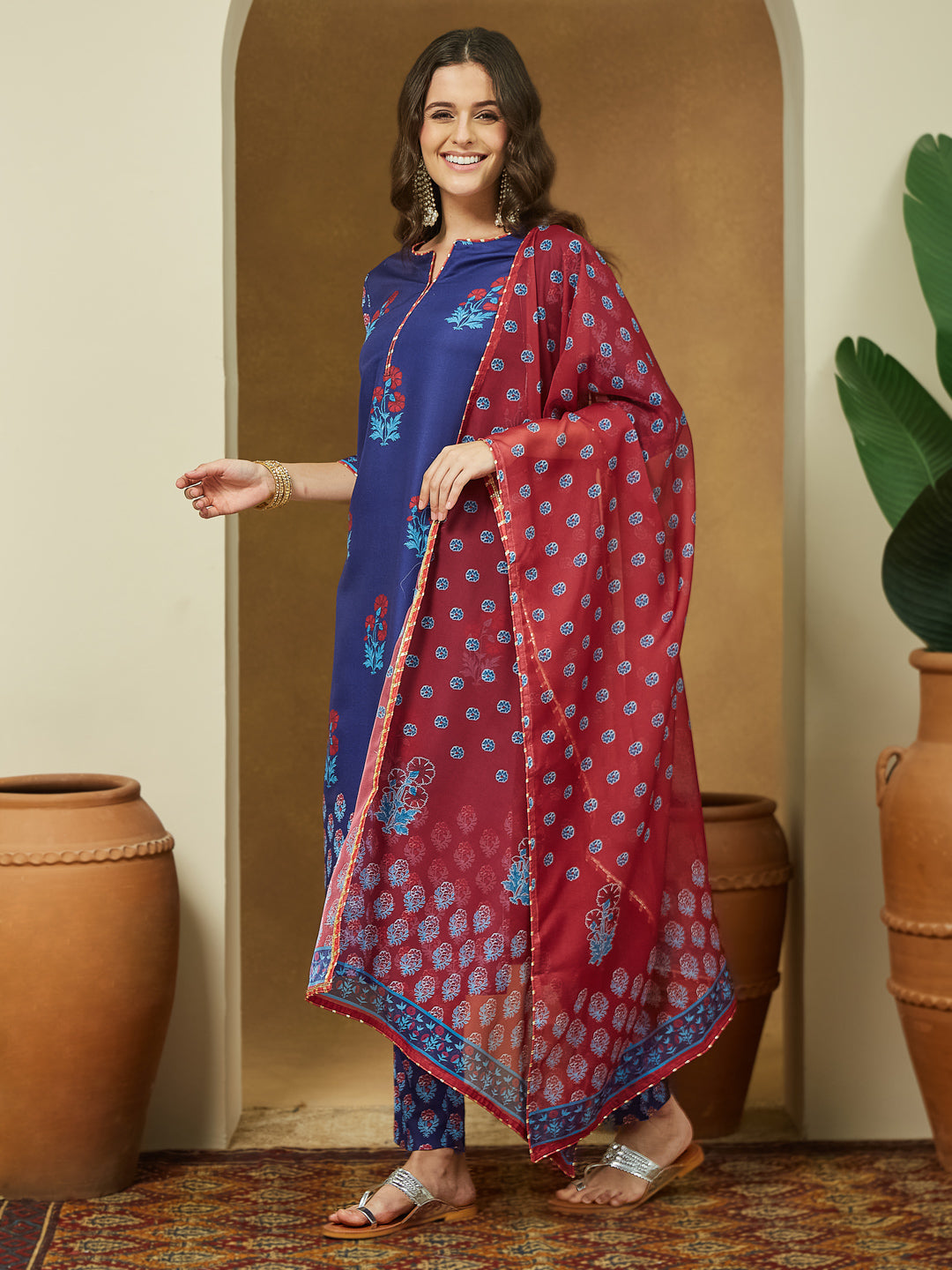 Janasya Women's Purple Cotton Blend Printed Straight Kurta Set