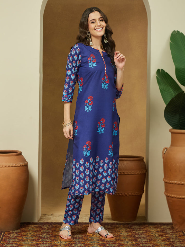 Janasya Women's Purple Cotton Blend Printed Straight Kurta Set