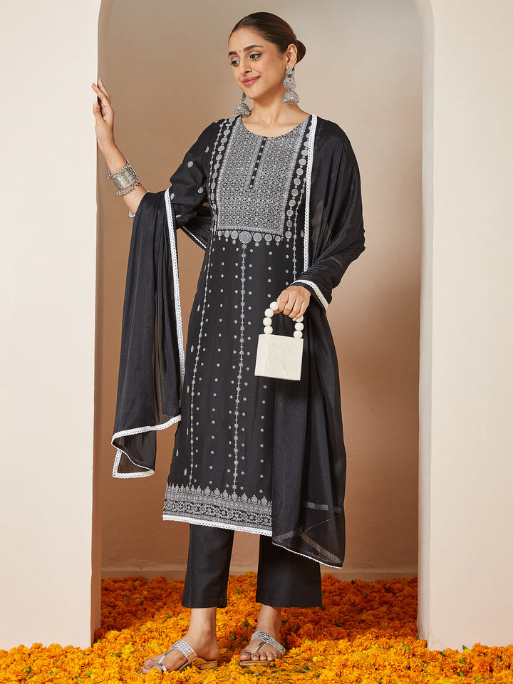 Janasya Women's Black Silk Blend Embellished Straight Kurta Set - qivii