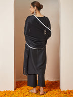 Janasya Women's Black Silk Blend Embellished Straight Kurta Set