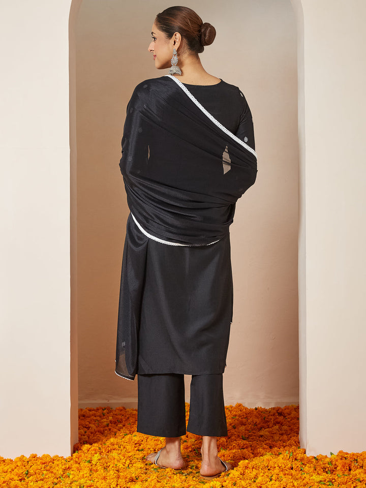 Janasya Women's Black Silk Blend Embellished Straight Kurta Set - qivii