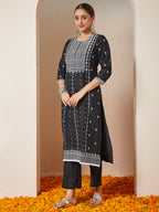 Janasya Women's Black Silk Blend Embellished Straight Kurta Set