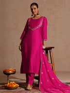 Janasya Women's Pink Silk Blend Embellished Yoke Design Straight Kurta Set
