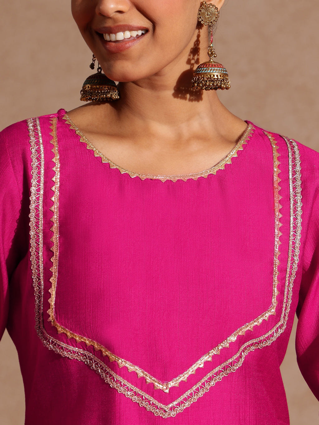 Janasya Women's Pink Silk Blend Embellished Yoke Design Straight Kurta Set