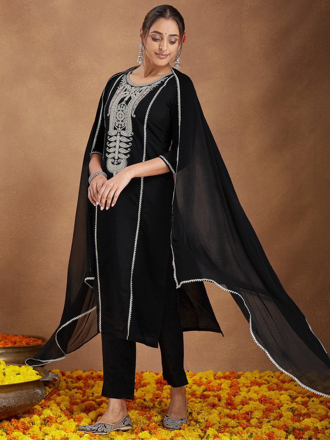 Janasya Women's Black Silk Blend Embroidered Straight Kurta Set - qivii