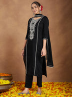 Janasya Women's Black Silk Blend Embroidered Straight Kurta Set