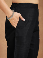 Janasya Women's Black Silk Blend Embroidered Straight Kurta Set